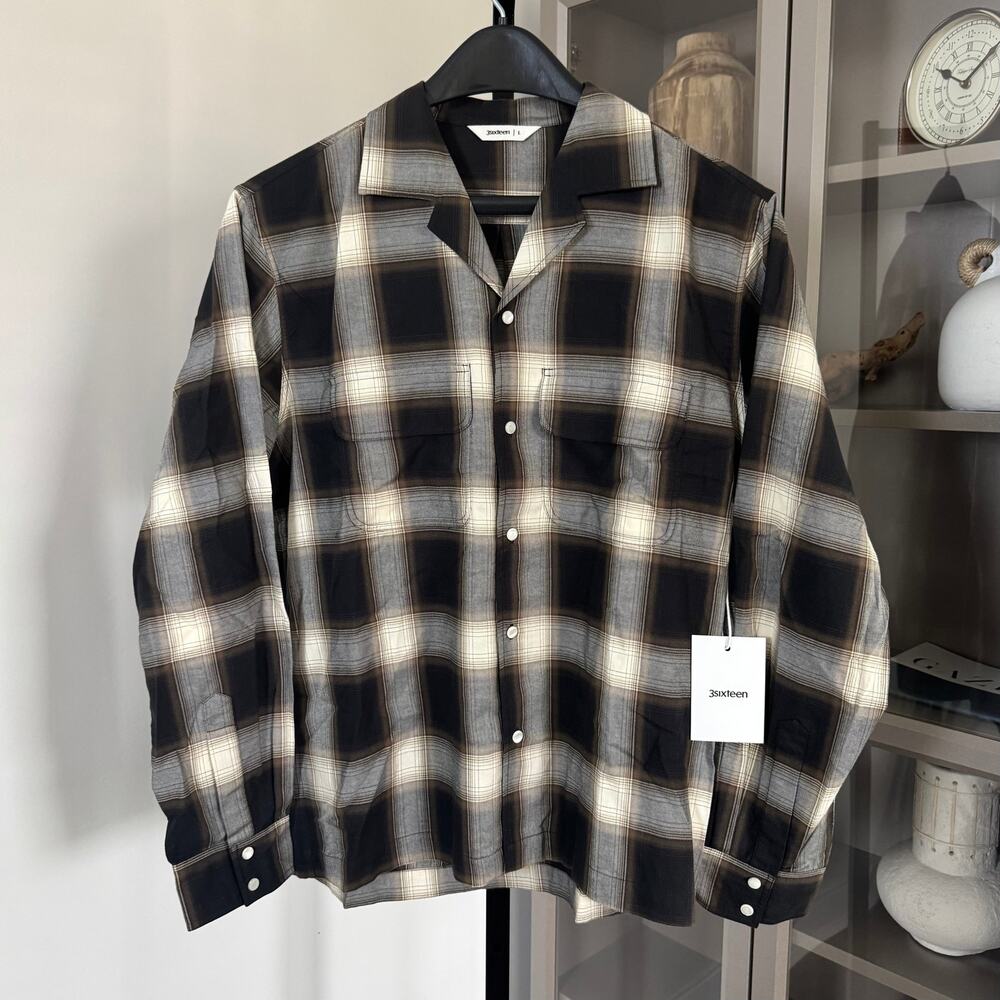 3sixteen Open Collar Burnt Sienna Plaid Long Sleeve Shirt XL NEW Shell Button-Up